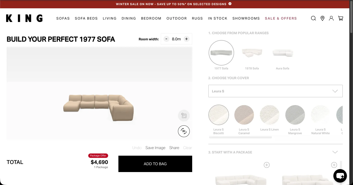 King Living sofa configurator with a 1977 modular sofa in 3D preview at $4,690
