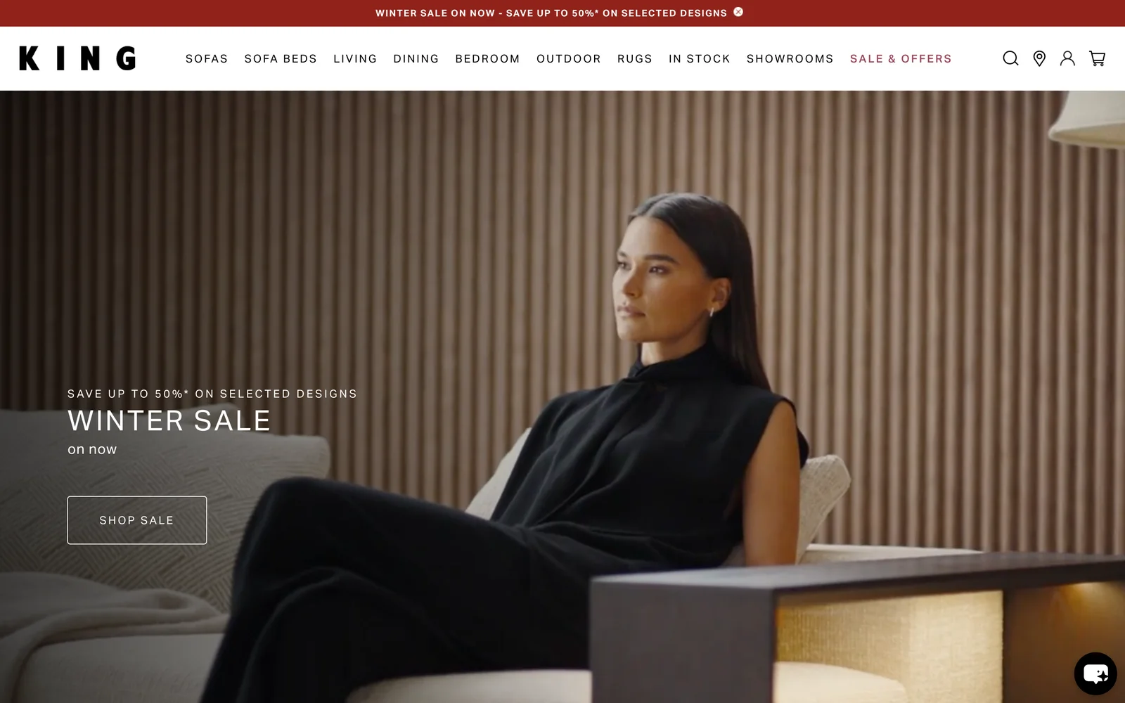 King Living homepage leading with a 50 percent off winter sale