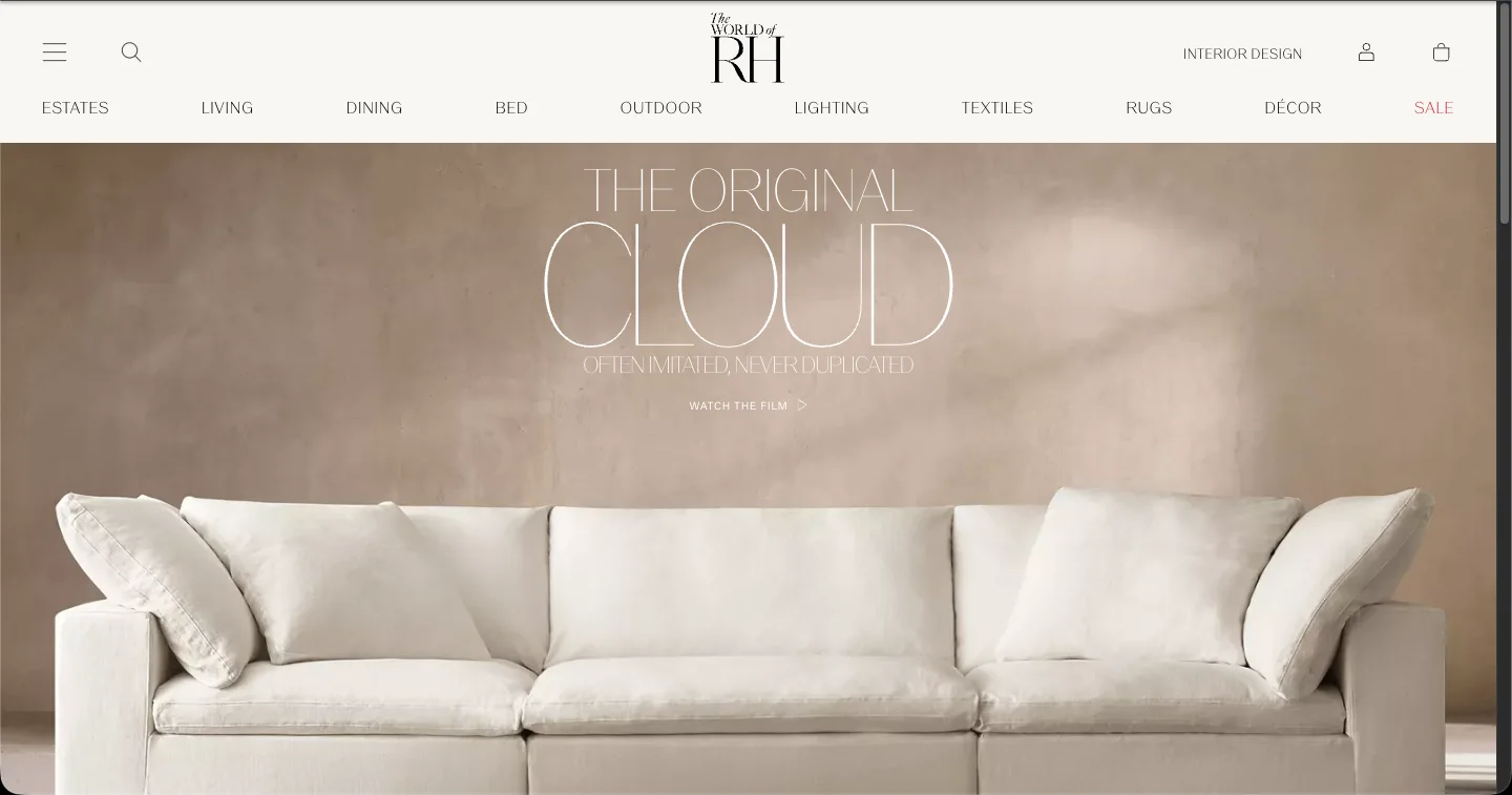 RH The Original Cloud sofa campaign page: often imitated, never duplicated, watch the film