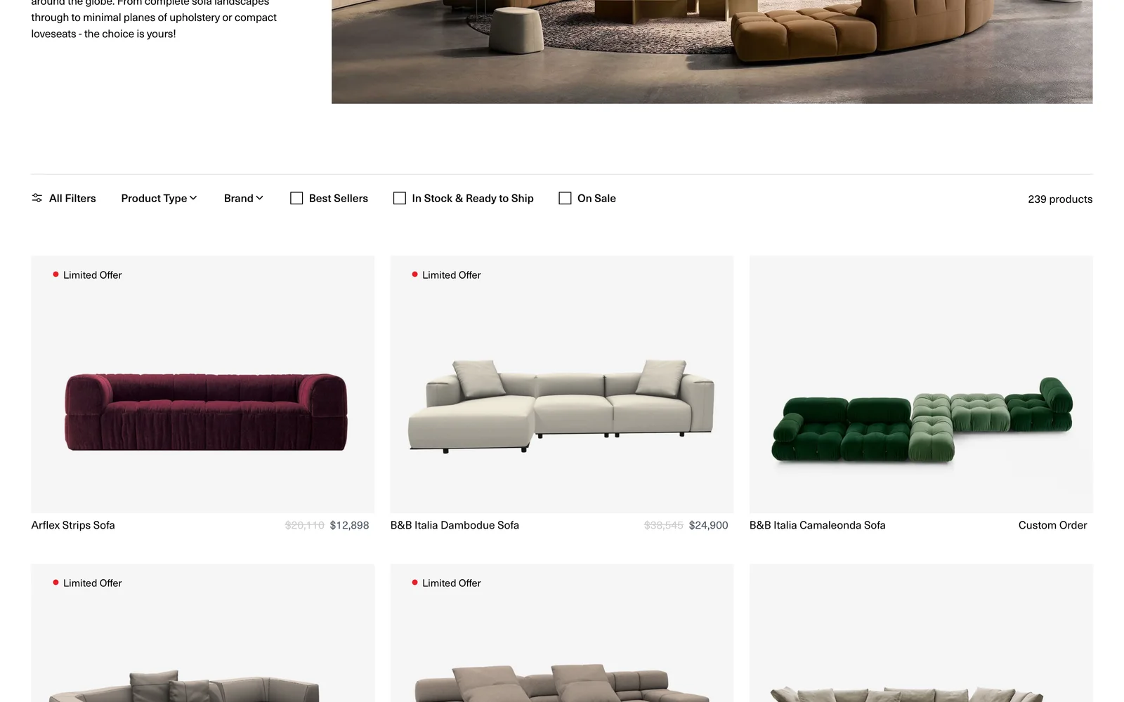 Space Furniture sofas listing with brands, prices, sale pricing and filters