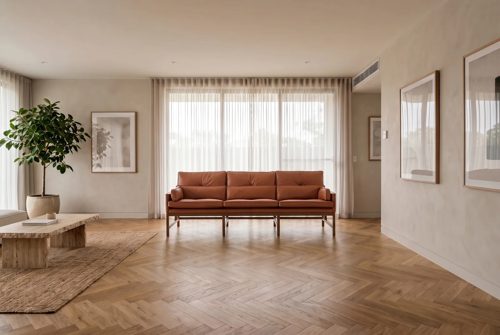 Wood Frame Sofa · British tan leather, placed in the room