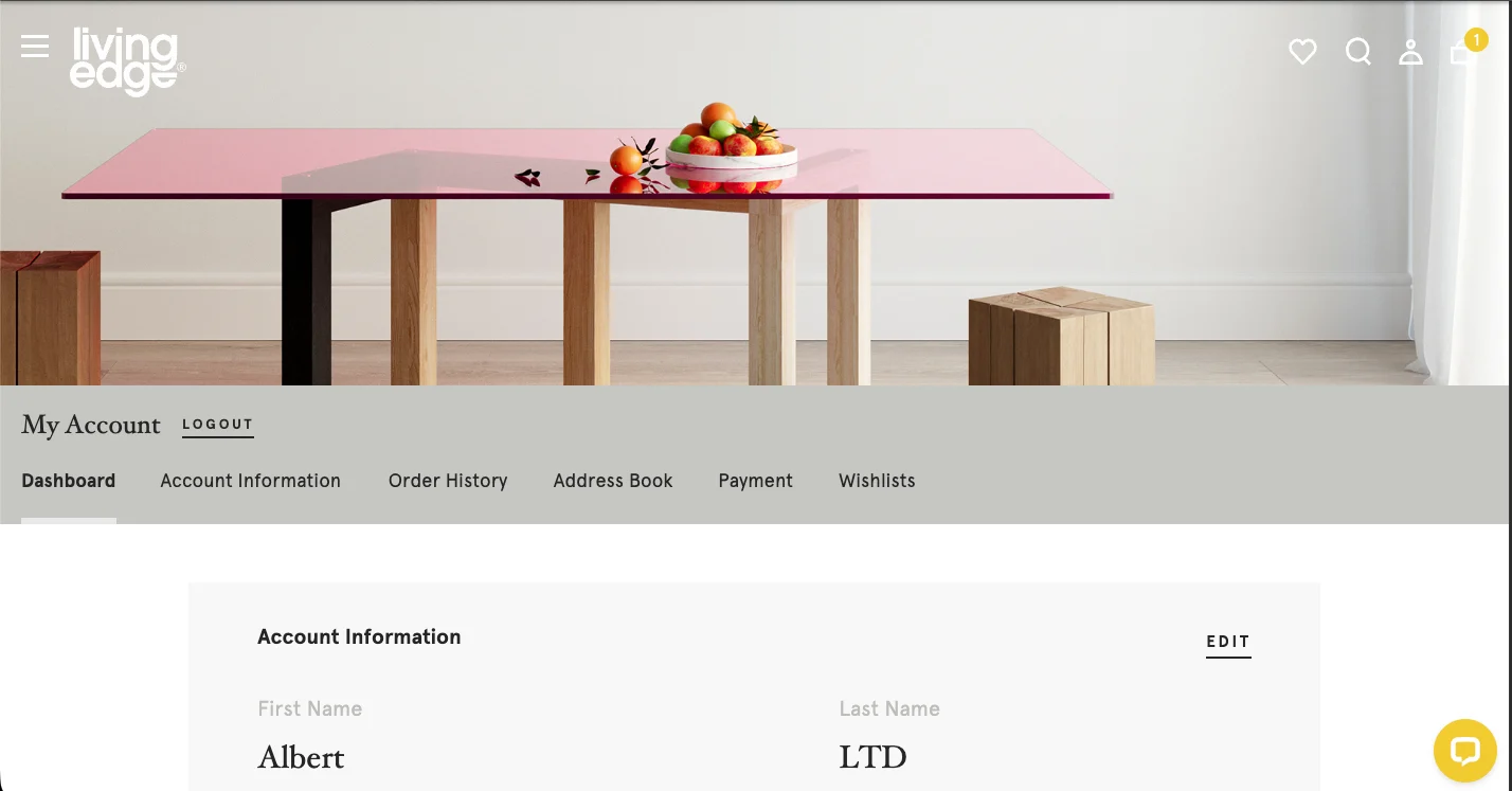 Living Edge member dashboard immediately after registration