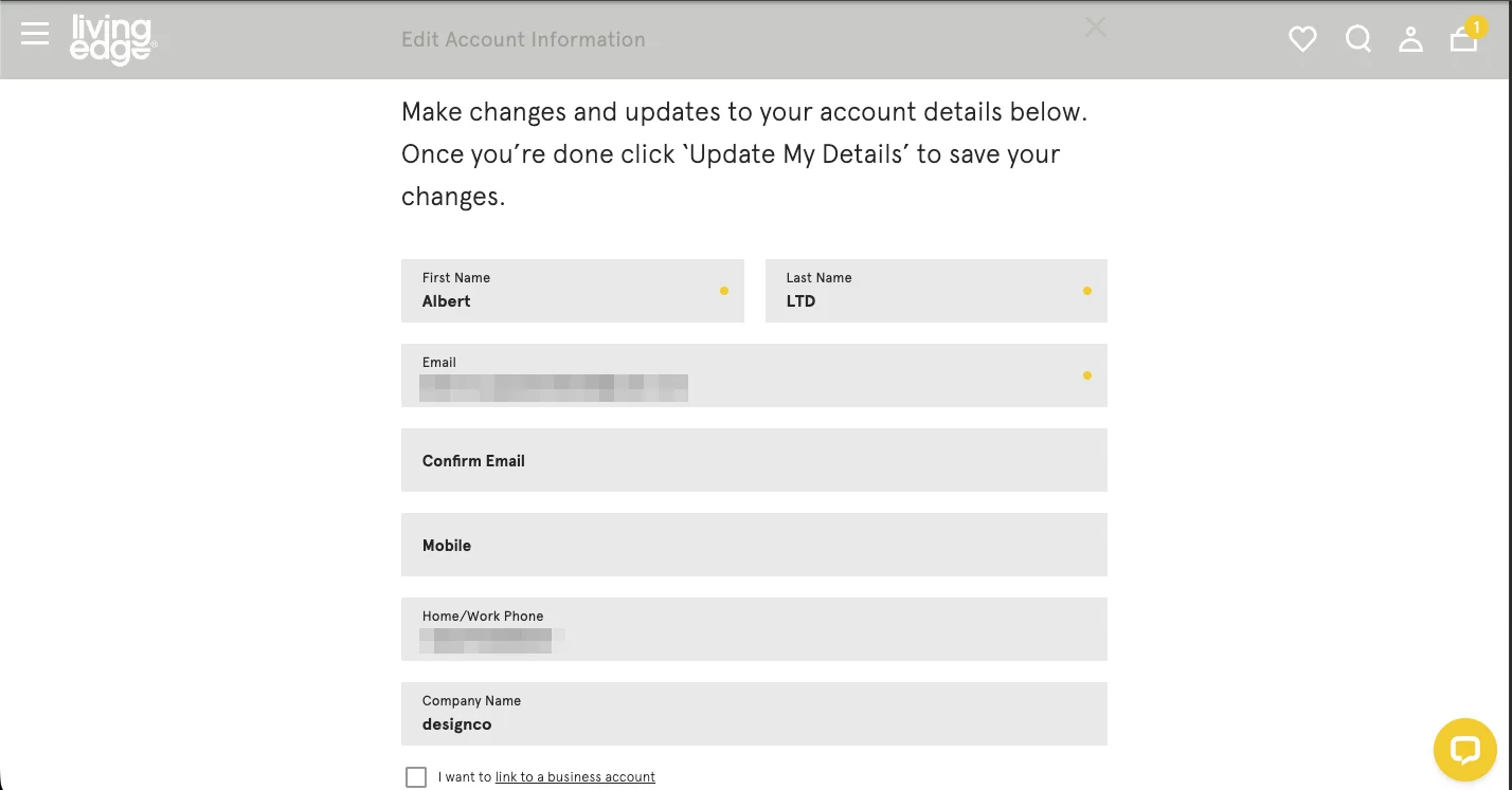 Living Edge edit account information form, personal details redacted