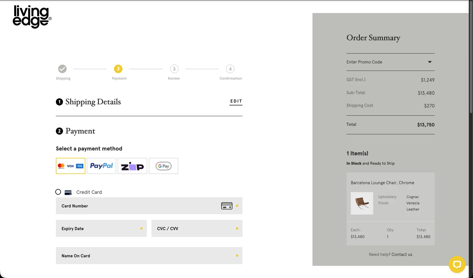 Living Edge payment step