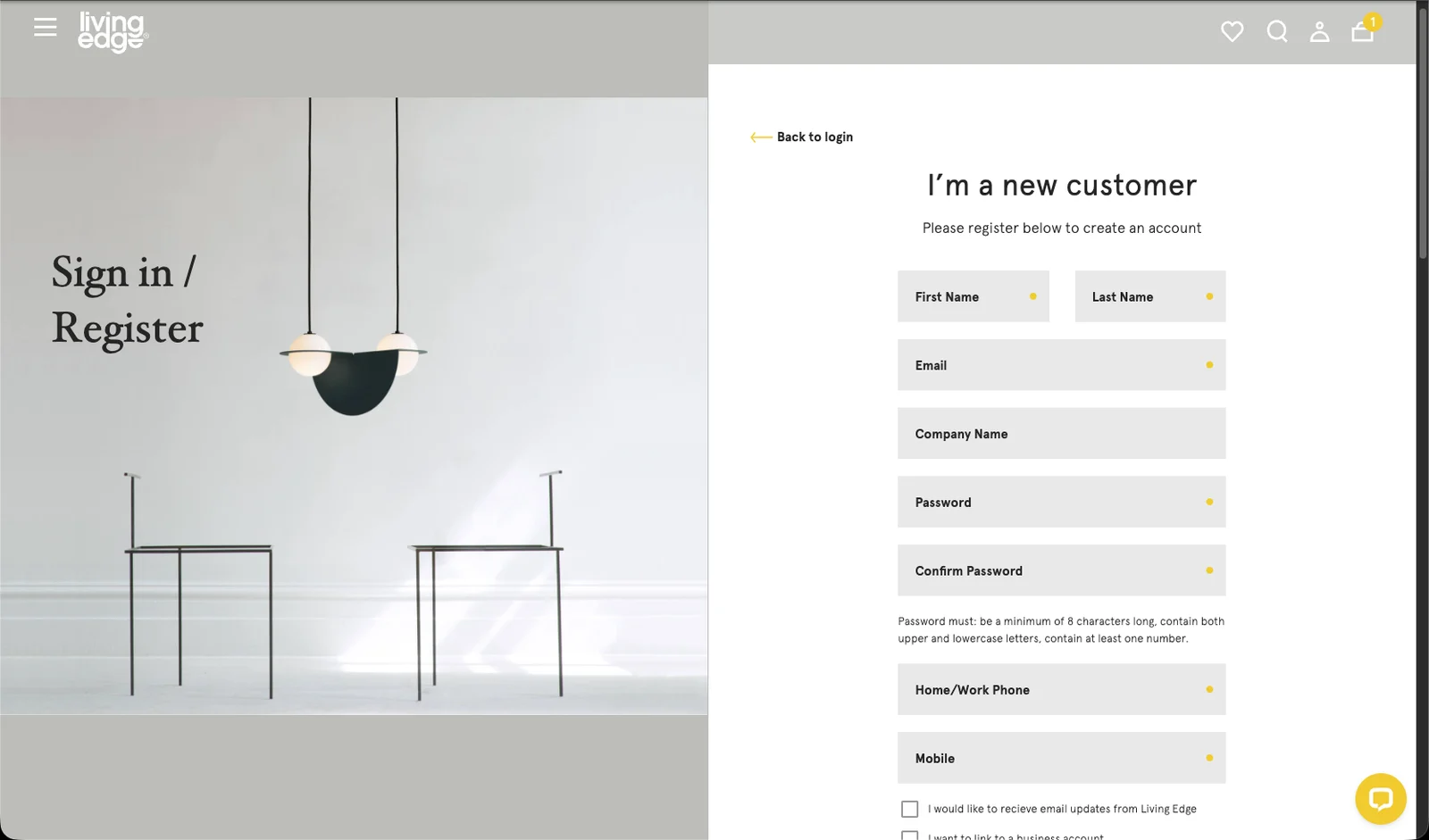 Living Edge account registration form
